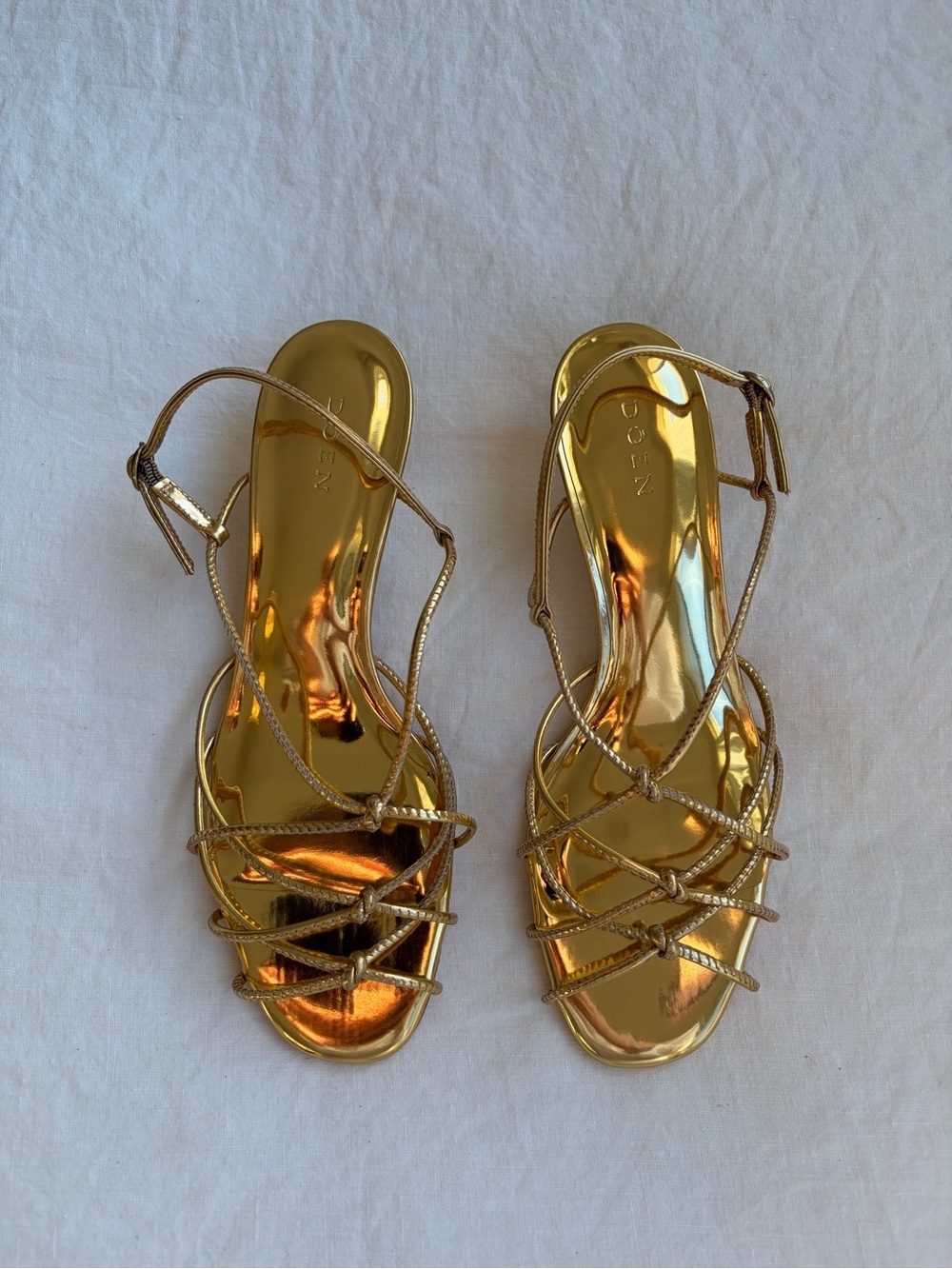 NWT Doen Comporta Knot Strappy Tie Sandals Shoes Brass Foil Leather Gold Yellow